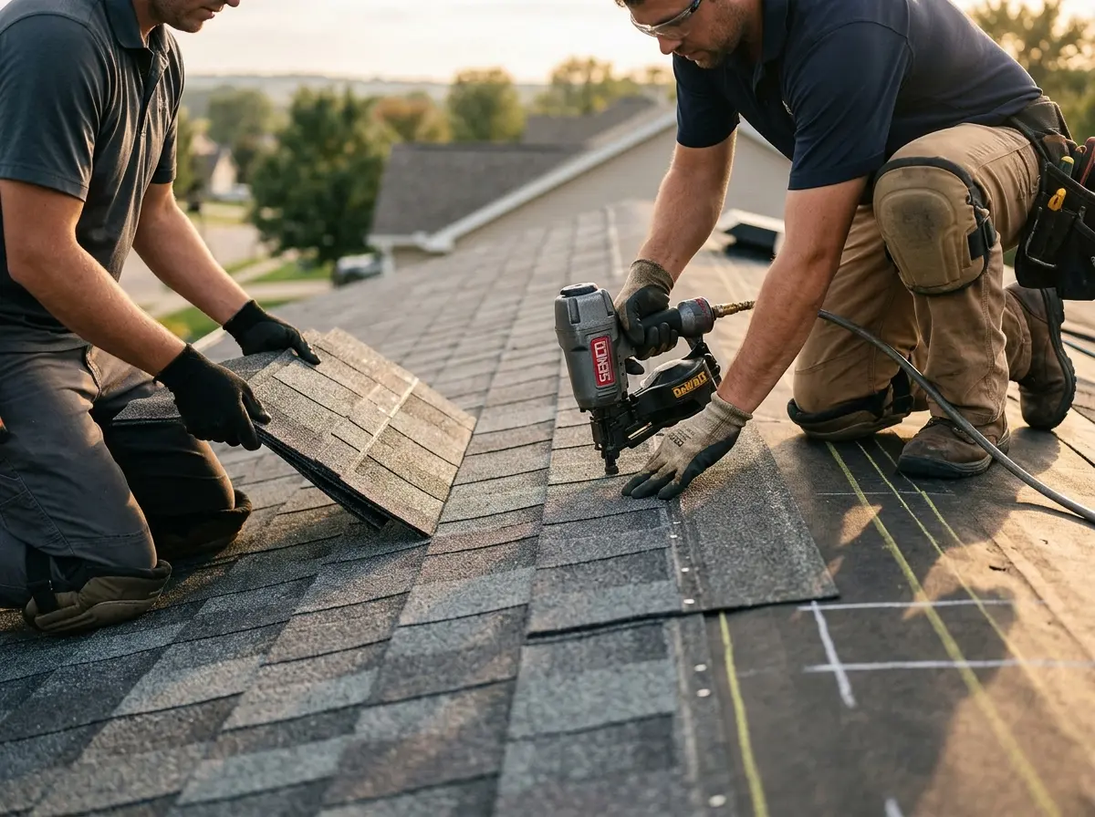 Professional roofer working on a residential roof in Grandview Heights